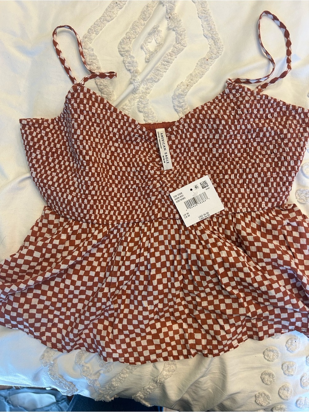 American Eagle Outfitters Rust and White Check Smocked Peplum Cami